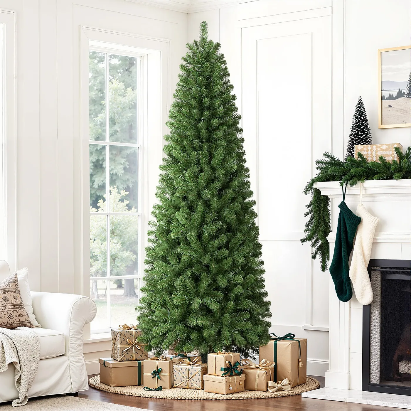 9FT Warm White Light Artificial Hinged Slim Pencil Prelit Christmas Tree - Warm White / 9FT