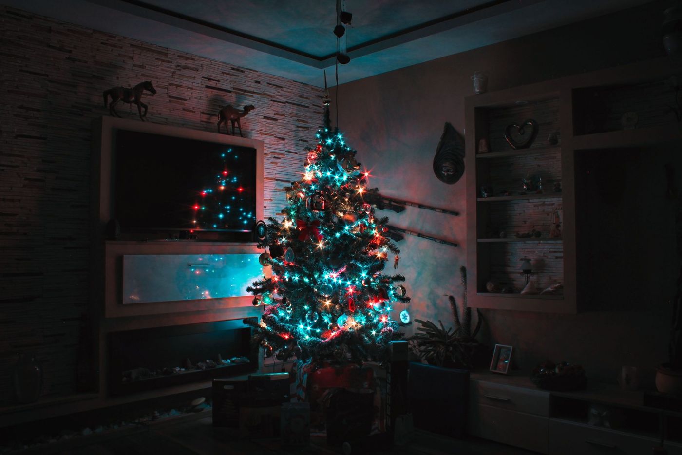 A beautifully illuminated Christmas tree in a cozy living room at night, creating a festive atmosphere.