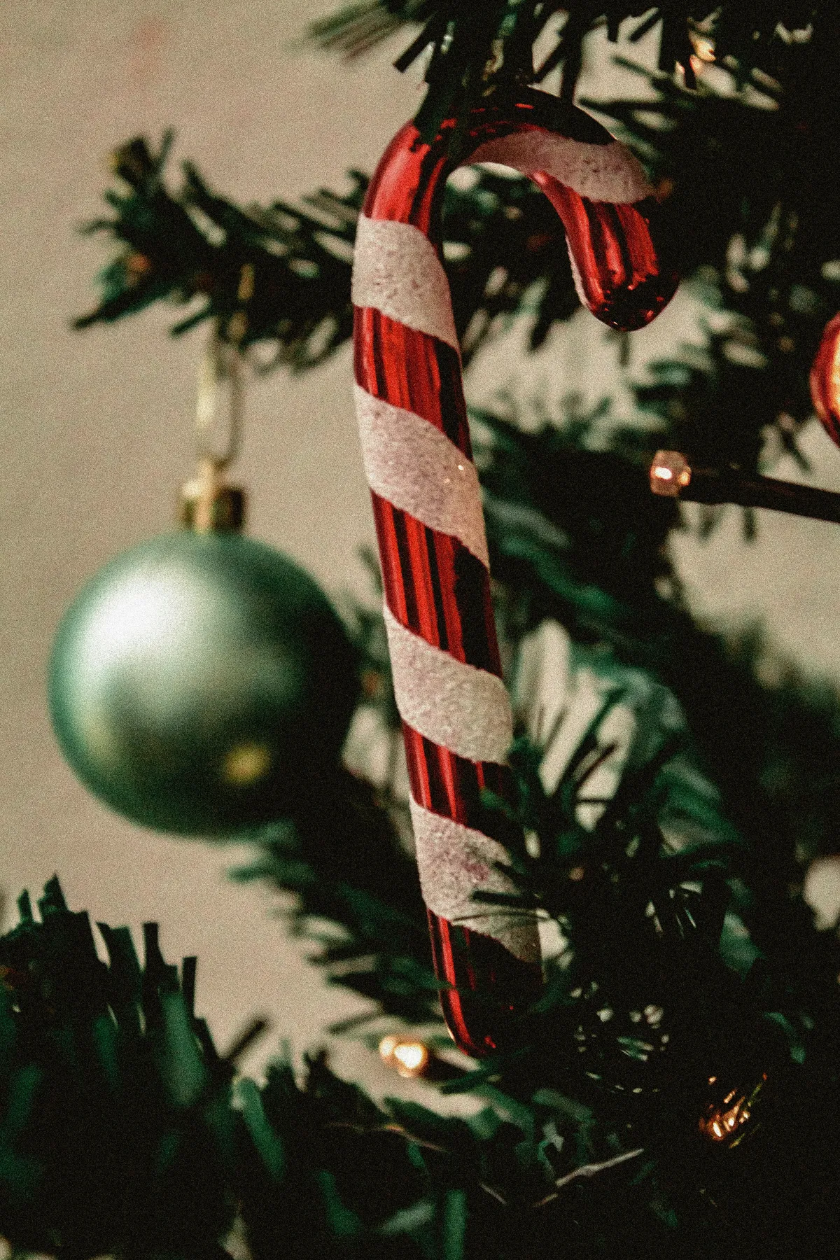 a candy cane hanging from a christmas tree