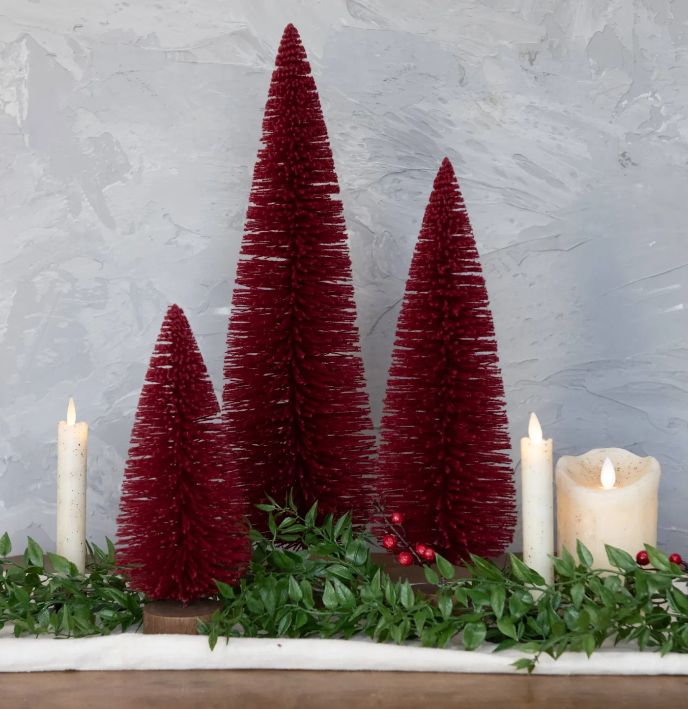 Burgundy Luxe Bottlebrush Christmas Tree Trio – High‑End Holiday Decor –  Inspired Homes by Cricket