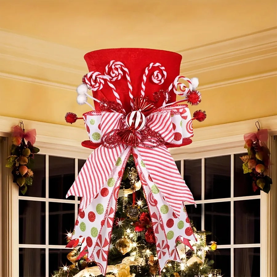 Candy Cane Christmas Tree Topper Santa Hat Tree Topper Bow Candy Cane Candy Cane Santa Hat Tree Topper Christmas Tree Topper Hat With