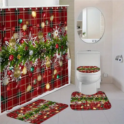 christmas bathroom bath shower curtain set with 12 hooks, toilet seat bath  mats and rugs non-slip carpet toilet covers, polyester curtain for bathroom  accessories home decor - 1pc/3pcs/4pcs - home &