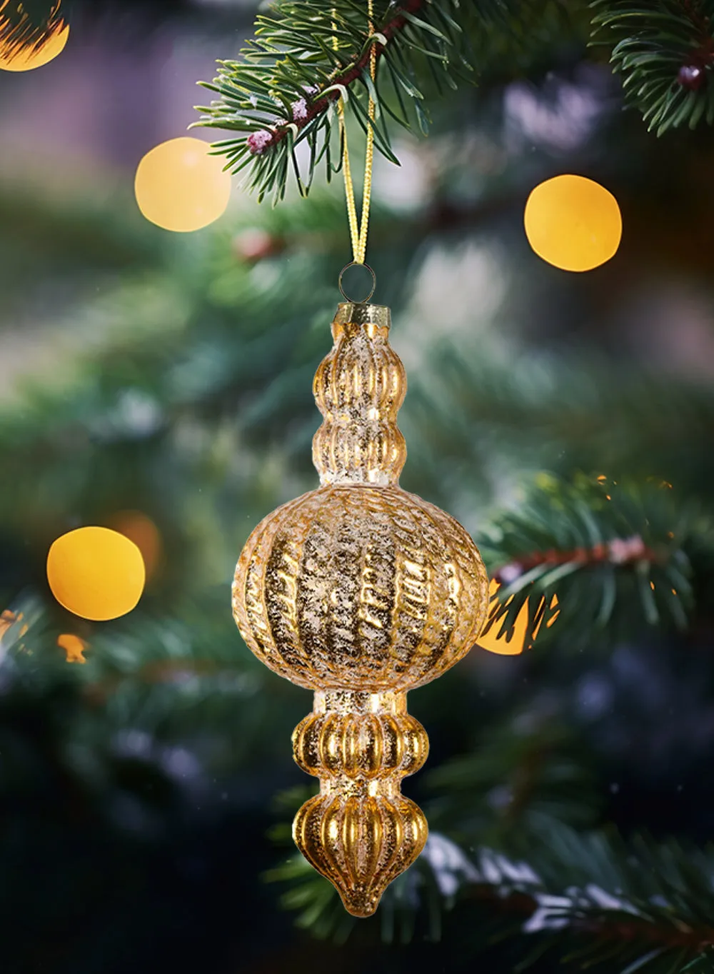 Christmas Gold Finial Glass Ornaments, Set of 4, 6' Tall Antique Gold Mercury Glass Finish, Ribbed Vintage Hanging Decor