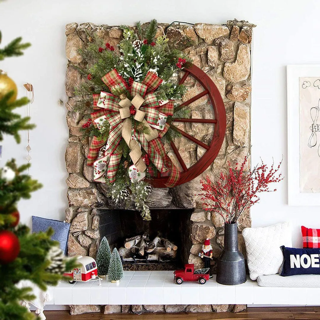 Christmas Wooden Wagon Wheel Wreath, Bow Pine Cone Holiday Door Hanging  Decor – cabinetwreaths.com