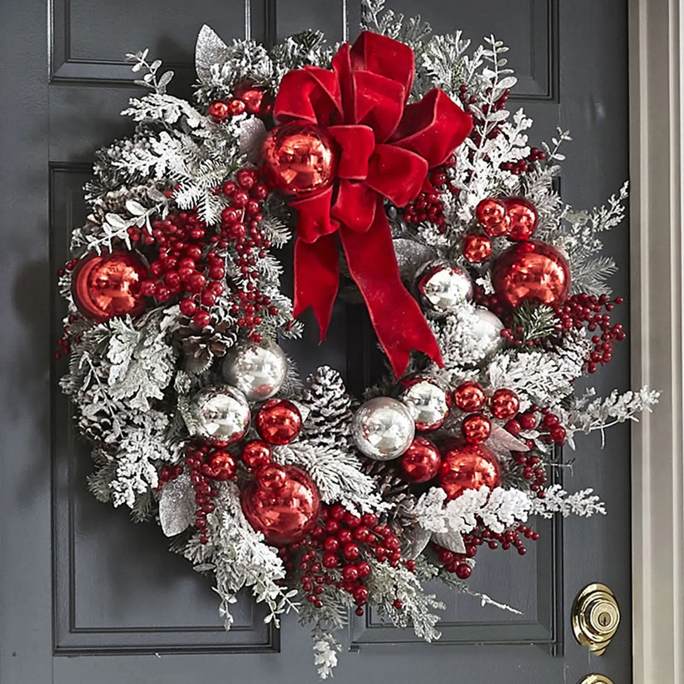 Christmas Wreath For Front Door | Holiday Entryway Wreath White and Red  wreath with Bows