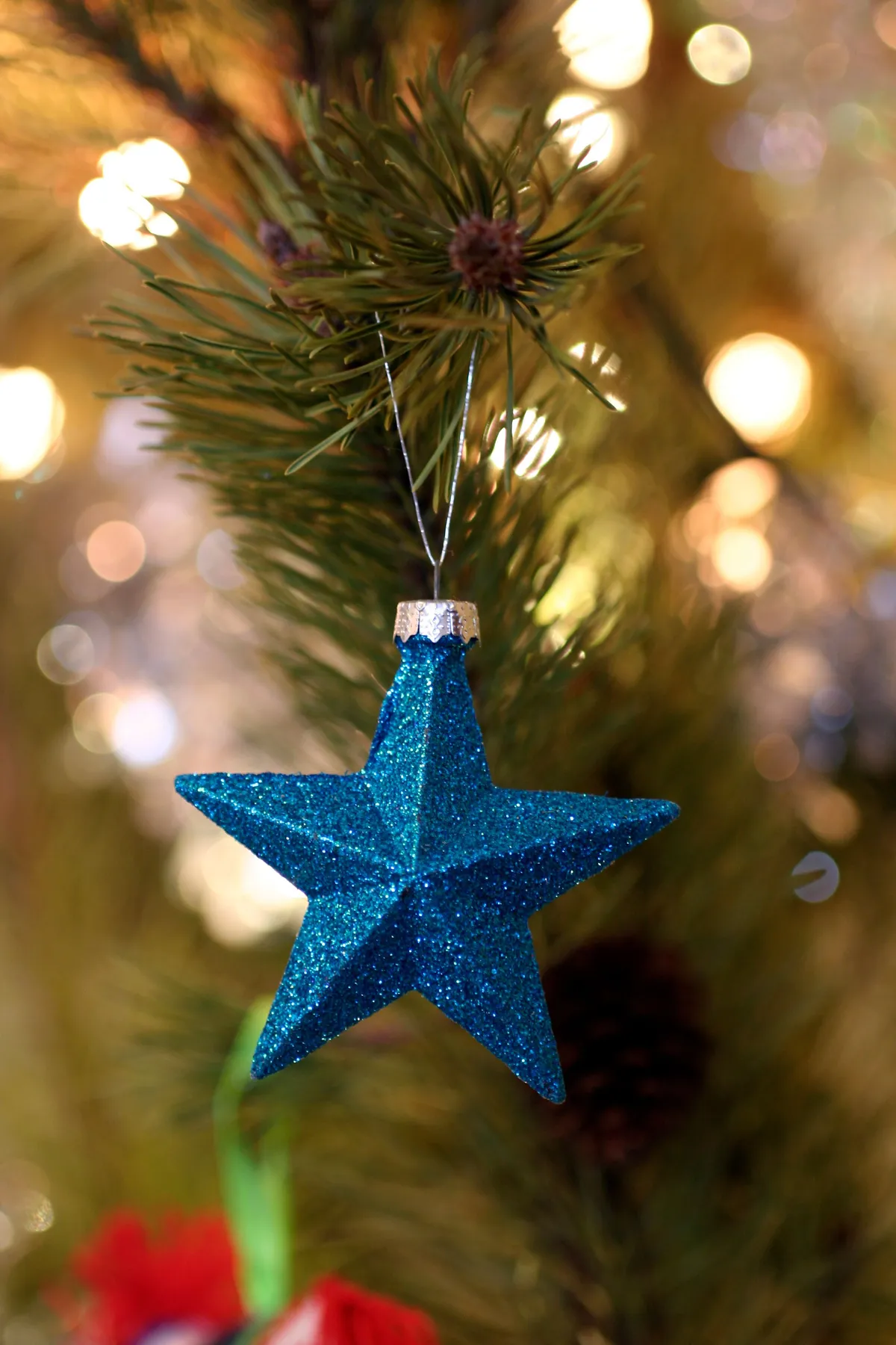 Close-up of a shimmering blue star ornament hanging on a Christmas tree branch.