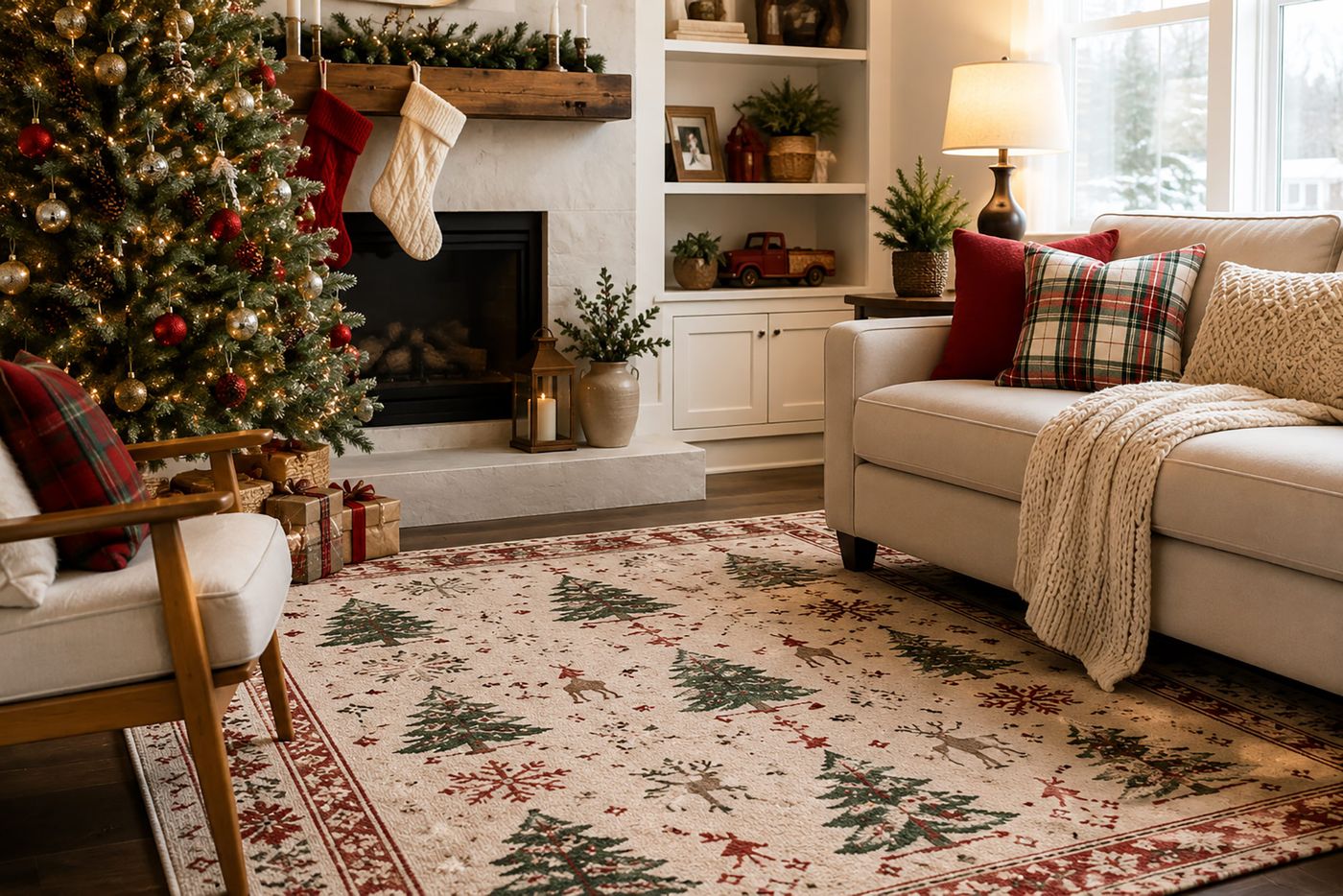 Cozy Christmas Living Room With Festive Rug and Tree – The Pinnacle List