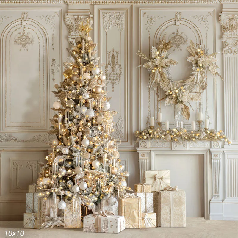 Elegant Gold & White Christmas Tree Holiday Background for Photos