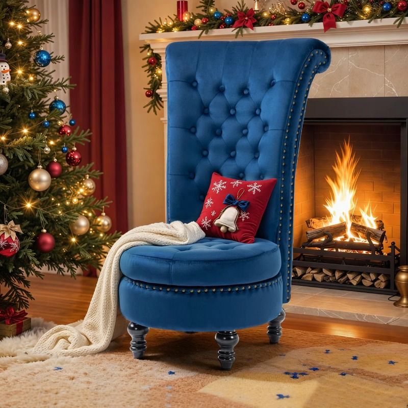 Ergonomic Velvet Accent Chair with High Back Support & Built-in Storage */Blue