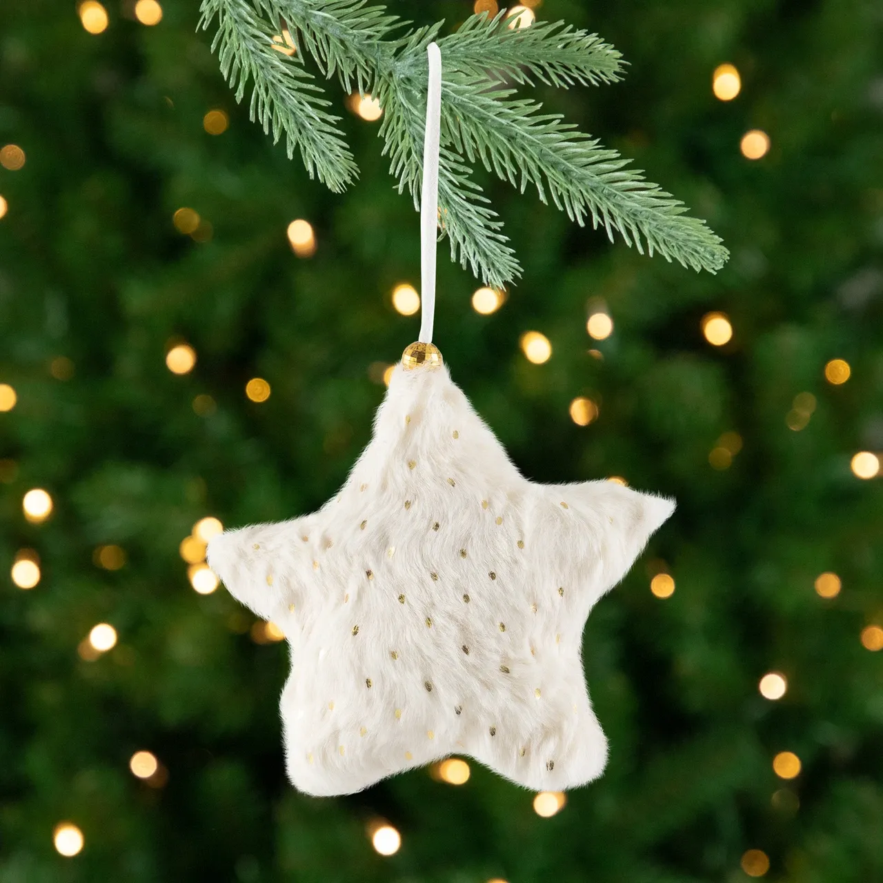 Faux Fur Star Plush Christmas Ornaments - 4.75' - Cream - Set of 4 |  Christmas