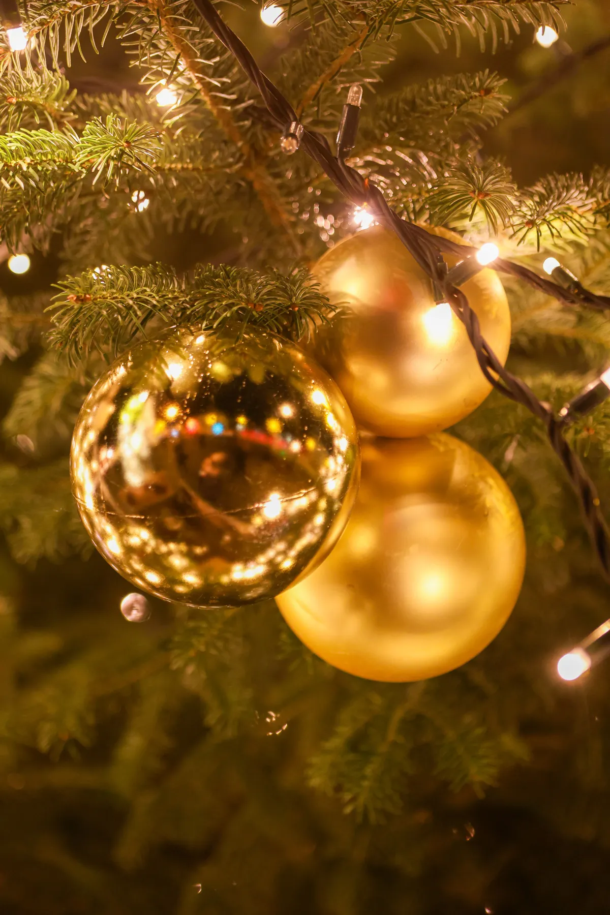 Festive holiday scene with golden ornaments on a Christmas tree in Berlin, Germany.