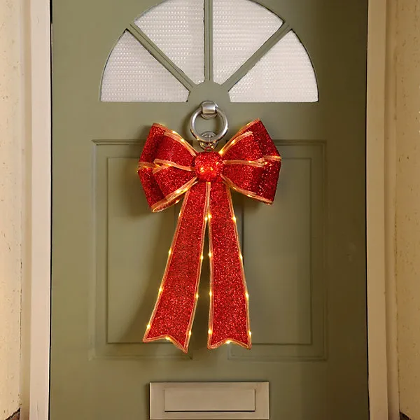 Festive Red Battery Operated Christmas Door Bow with 84 Warm White LEDs