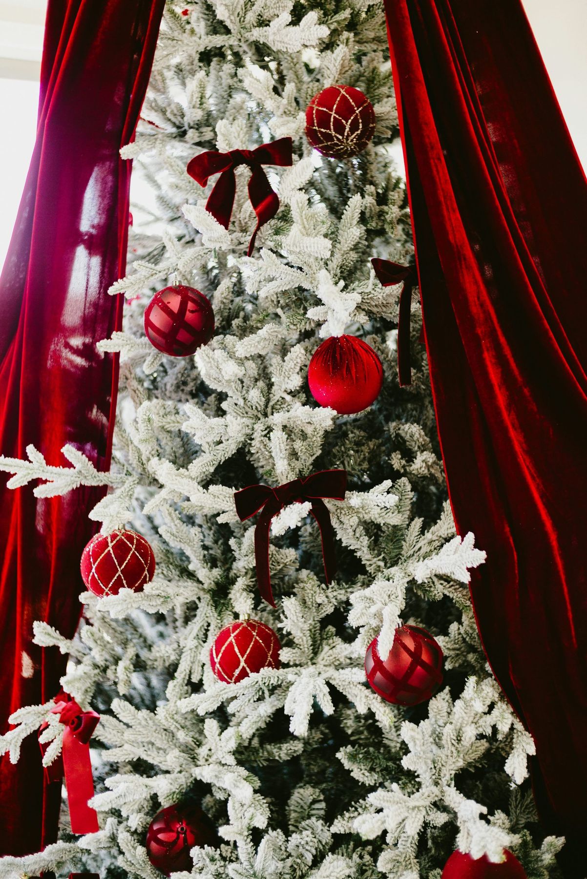 Flocked christmas tree with red ornaments and bows - Free Photo on Unsplash