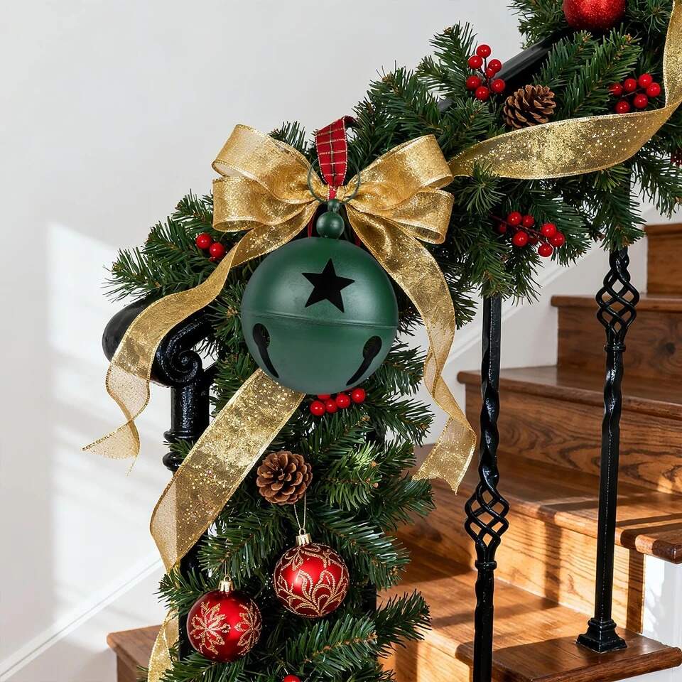Forest Green Metal Jingle Bell Ornament with Star Cutout - Large Hanging  Holiday Orn