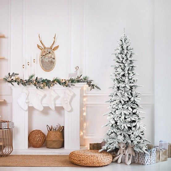 Fraser Hill Farm - 6.5-Ft. Slim Mountain Pine Flocked Christmas Tree