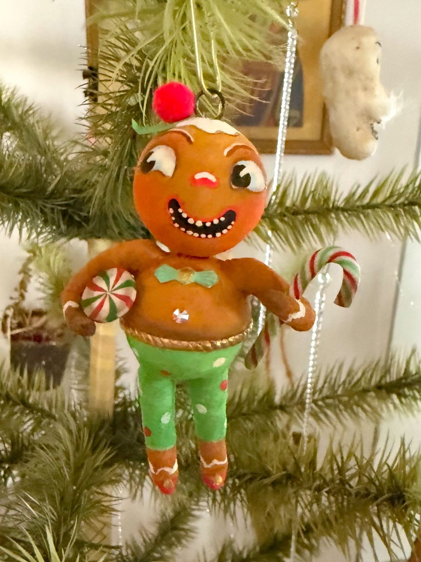 Gingerbread Guy with Peppermint and Candy Cane I | Spun Cotton Ornament Co.