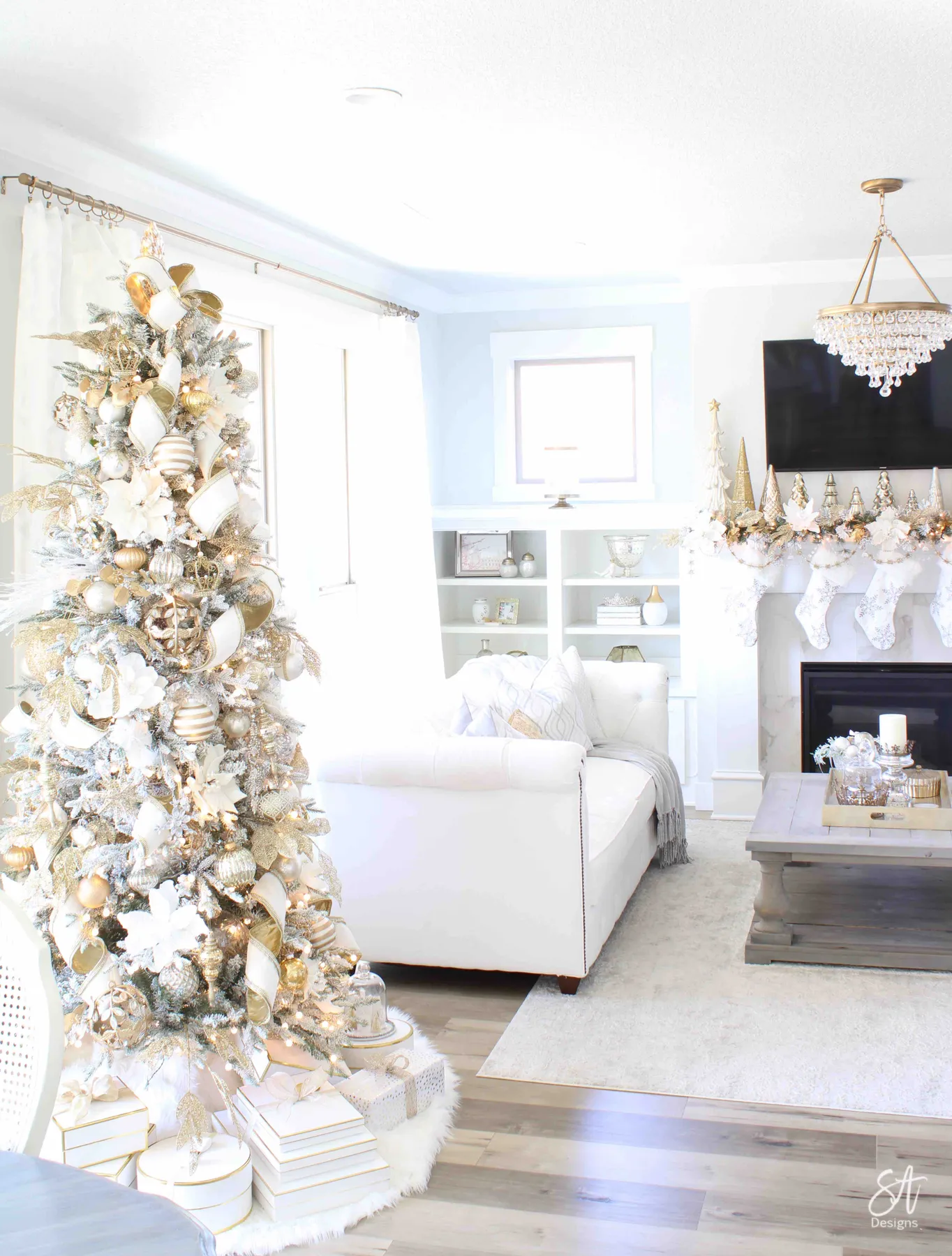 Glam White & Gold Living Room Christmas Tree & Mantel10 - Summer Adams