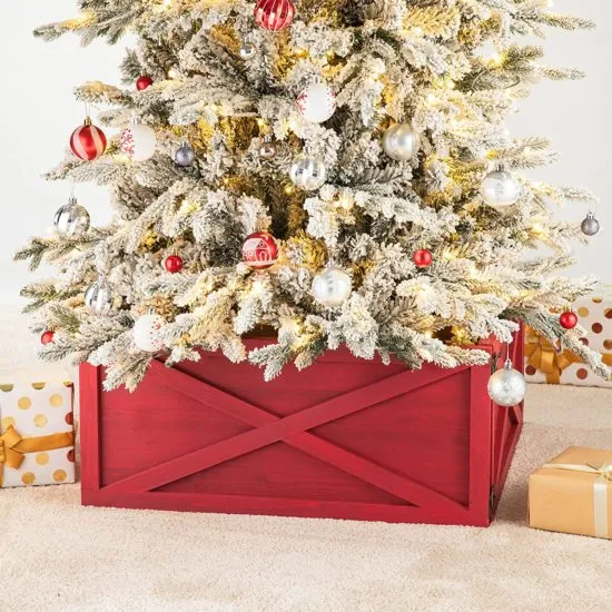 Glitzhome Wooden Box Collar Stand Cover Christmas Tree Skirt, 22″ L, Red -  $44 (reg. $75)