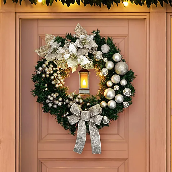 GloBrite Christmas Wreath - 40 cm,Silver - With Bows Baubles & Lantern - Front  Door Outdoor Christmas Decoration