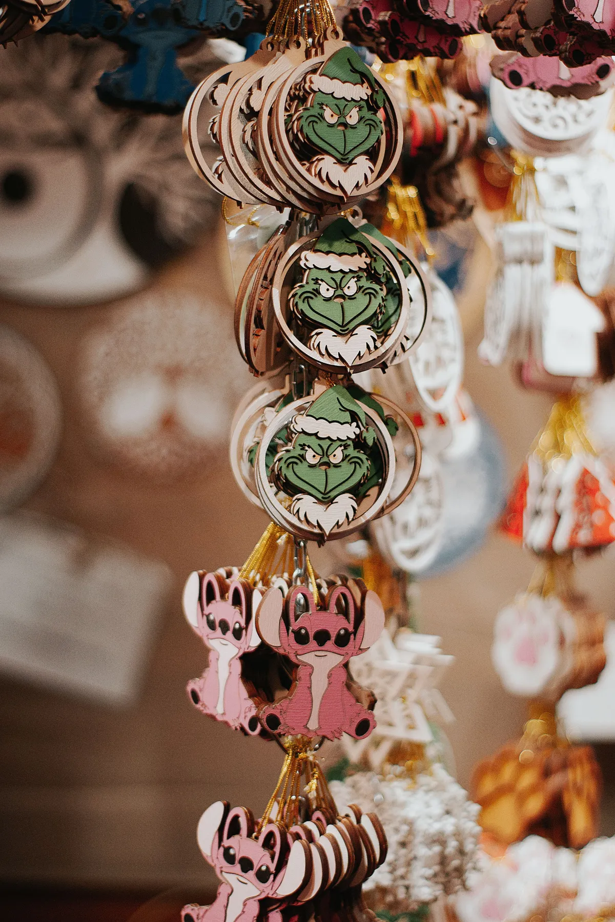 Hanging Christmas ornaments in Hungary featuring famous animated characters.