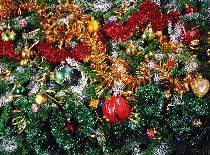HD wallpaper: gold tinsel, red and gold baubles, and green Christmas tree, christmas  decorations | WallpaperFlare