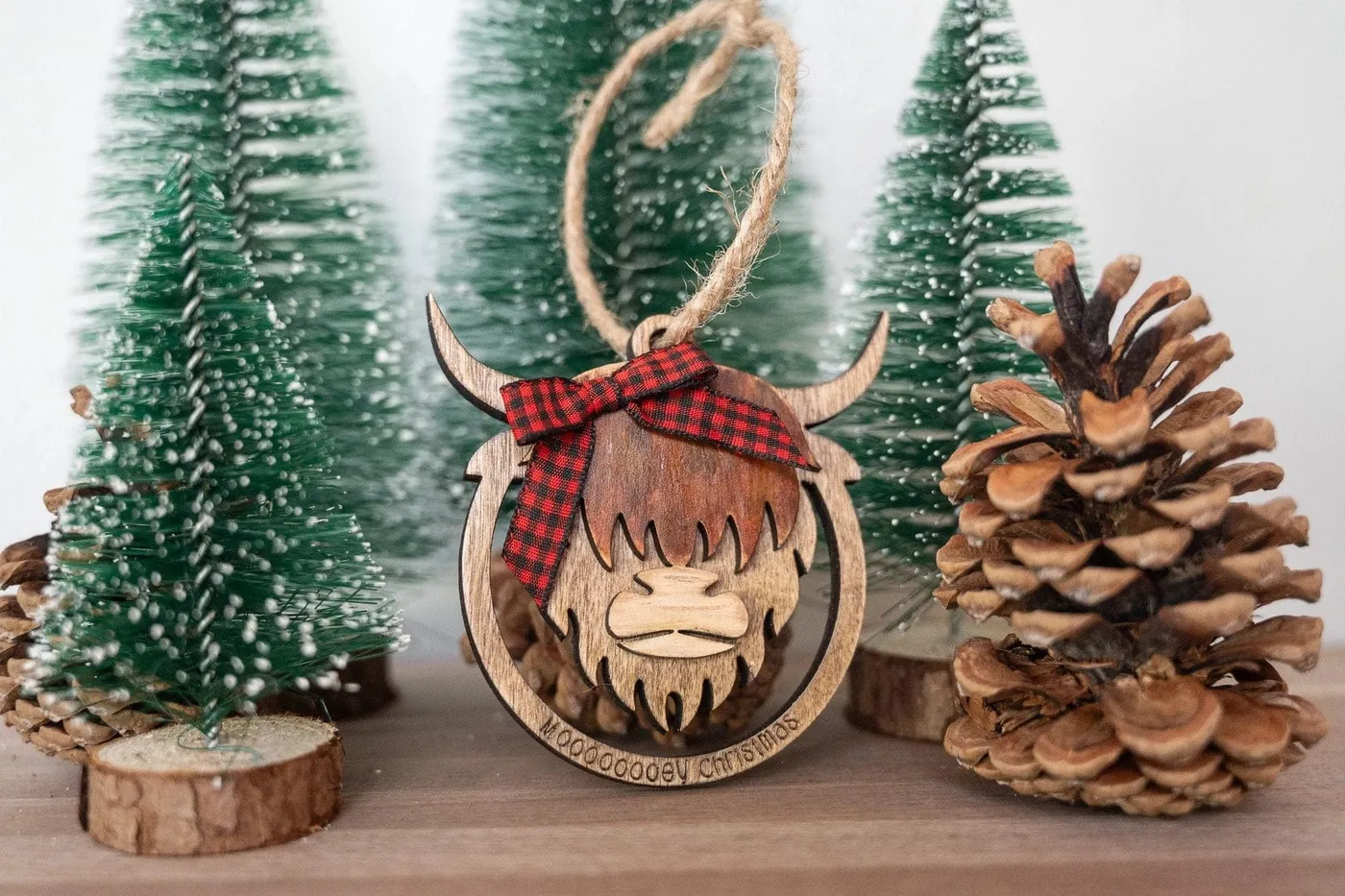 Highland Cow Ornament - Mooooey Christmas Cow Ornament - Wooden Farmho