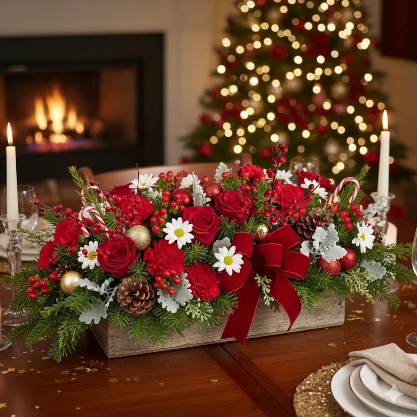 Holiday Hearth Centerpiece – ELF FLORAL STUDIO LTD.