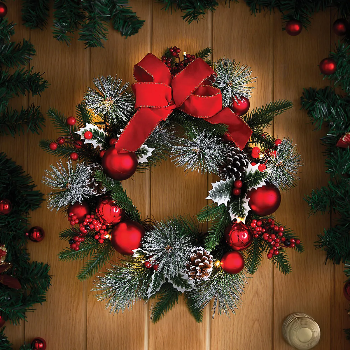 Holly & Berry Pre Lit Wreath 40cm with Red Baubles Velvet Bow Warm White LEDs Indoor Outdoor Use