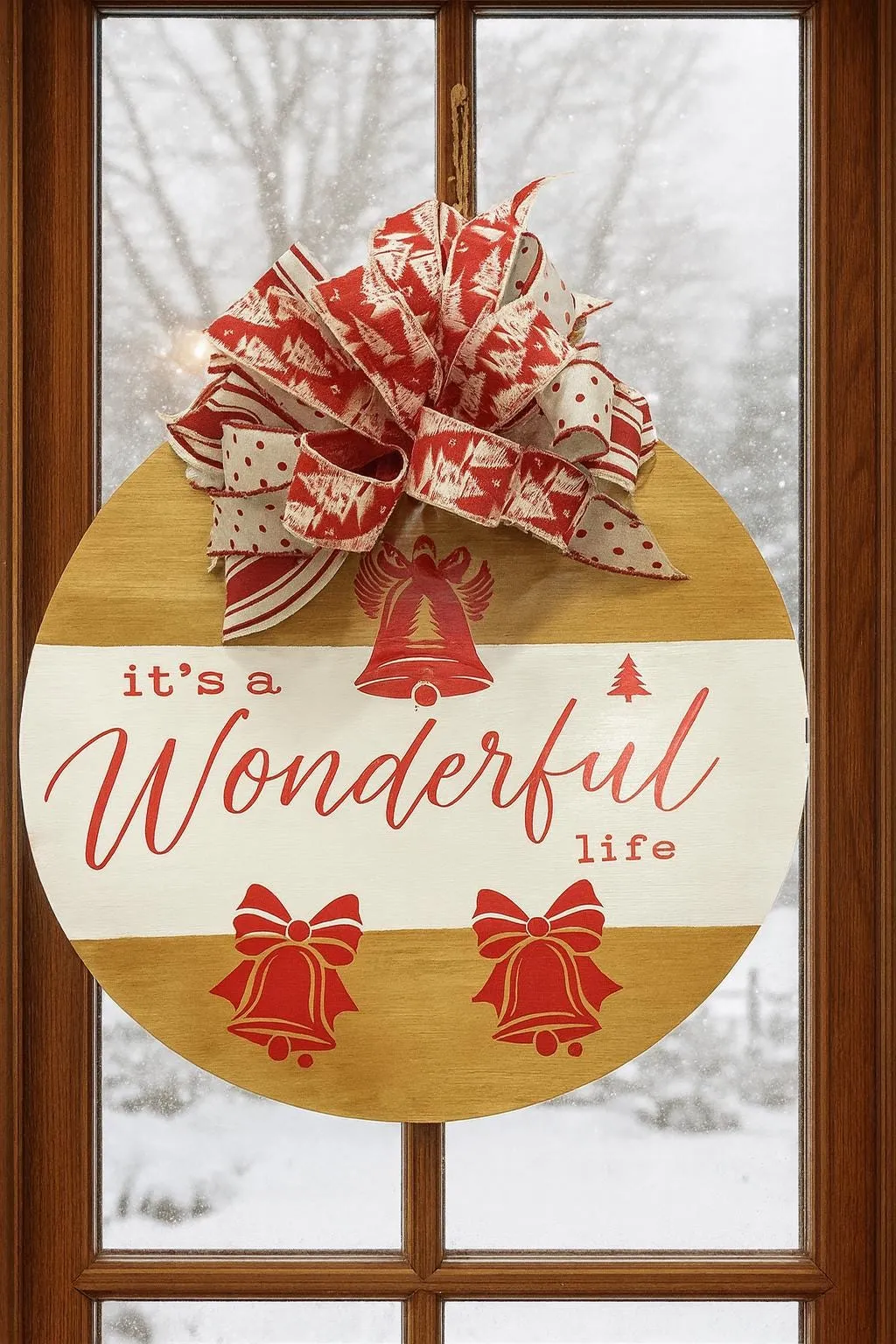 It's a Life Christmas Door Hanger – Red Bells Farmhouse Wreath – 18” Round  Wooden Sign