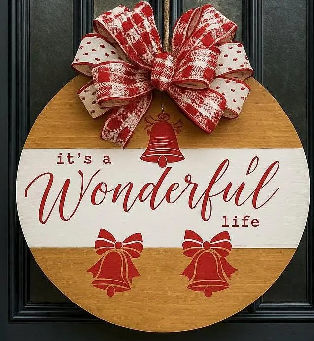 It's a Life Christmas Door Hanger – Red Bells Farmhouse Wreath – 18” Round  Wooden Sign