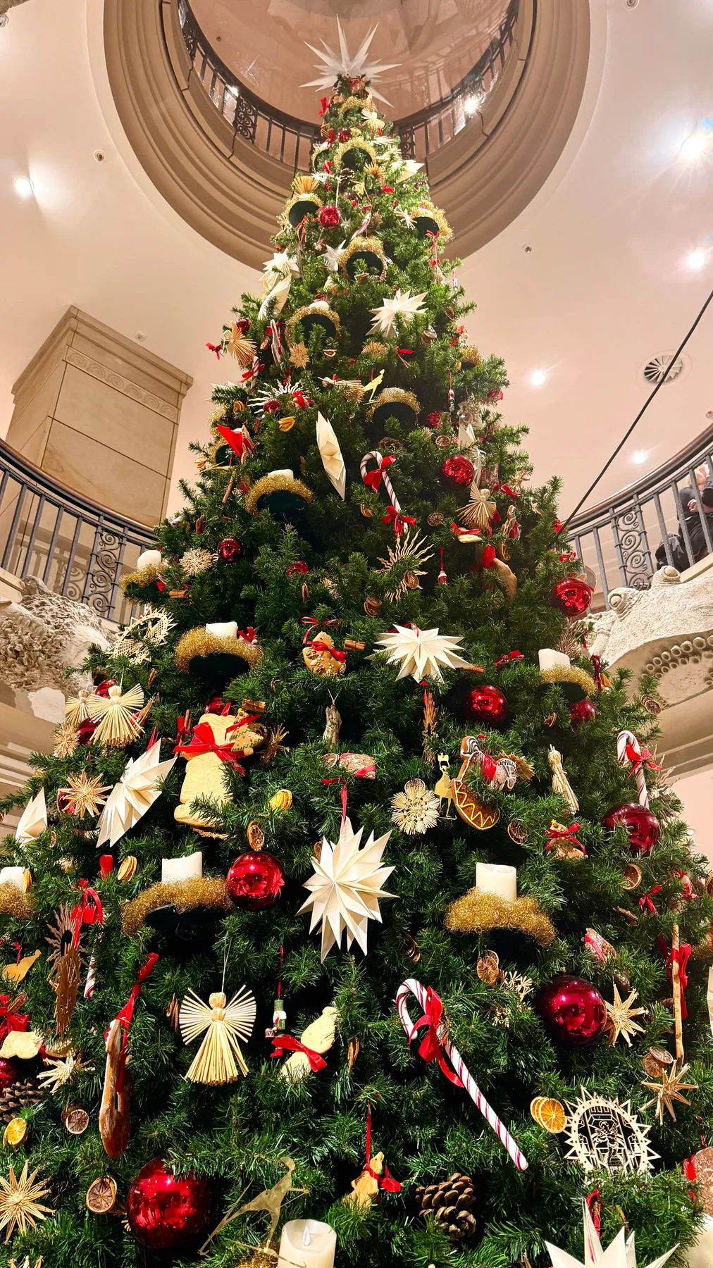 Large Christmas tree adorned with decorations in an elegant indoor setting.
