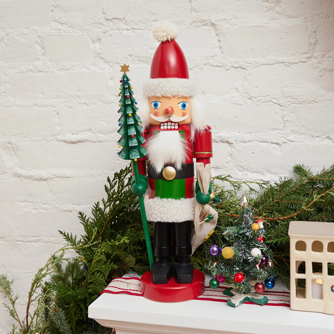 Large Wooden Santa Nutcracker Holding a Christmas Tree & Bag of Toys