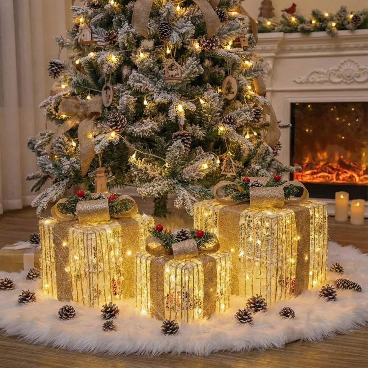 Lighted Gift Box Set of 3 Gold Glitter Christmas Decorations | Pre-lit LED  Indoor Outdoor Holiday Decor for Under Tree, Porch & Entryway | Kouvr
