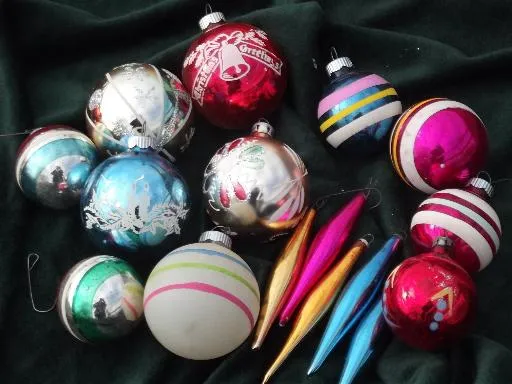 lot vintage Christmas tree ornaments, old mercury glass balls in boxes