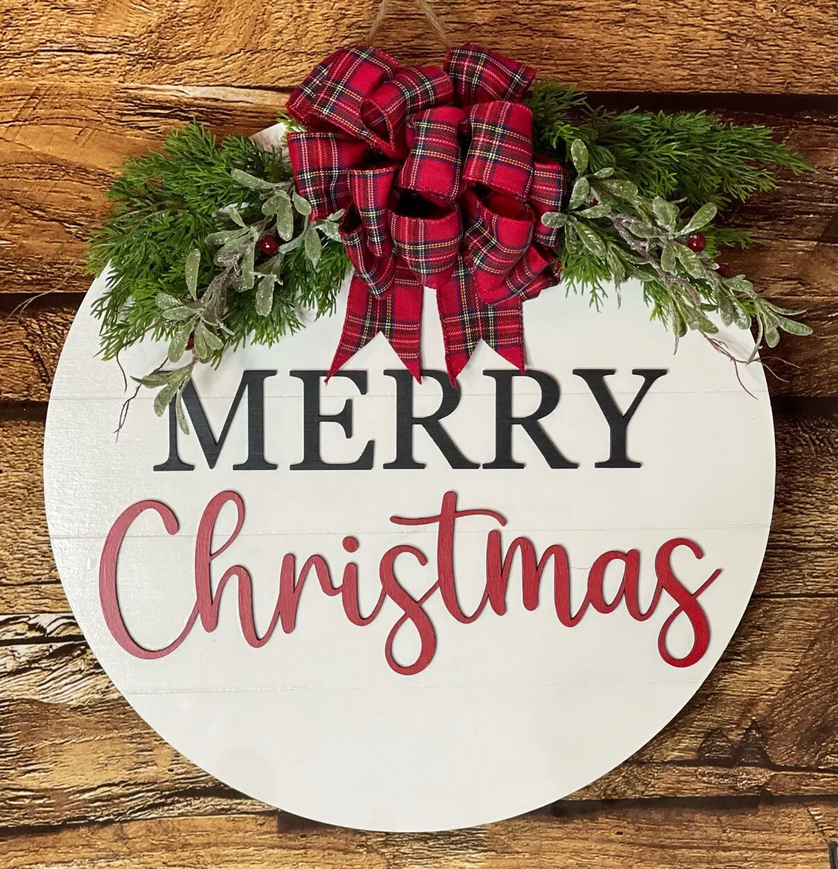 Merry Christmas Shiplap Round Wood Door Hanger with Greenery