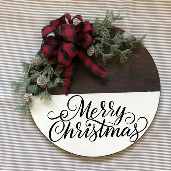 Merry Christmas Wood Door Hanger Sign Wreath