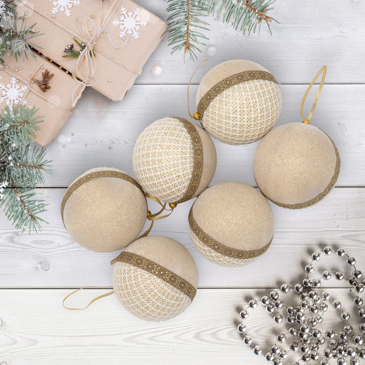 Mesh & Ribbon Christmas Ball Ornament - 4' - Gold - Set of 6 | Christmas