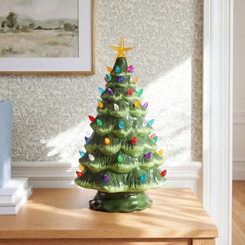 Milltown Merchants Green Ceramic Christmas Tree - 15.5 inch Large Lights