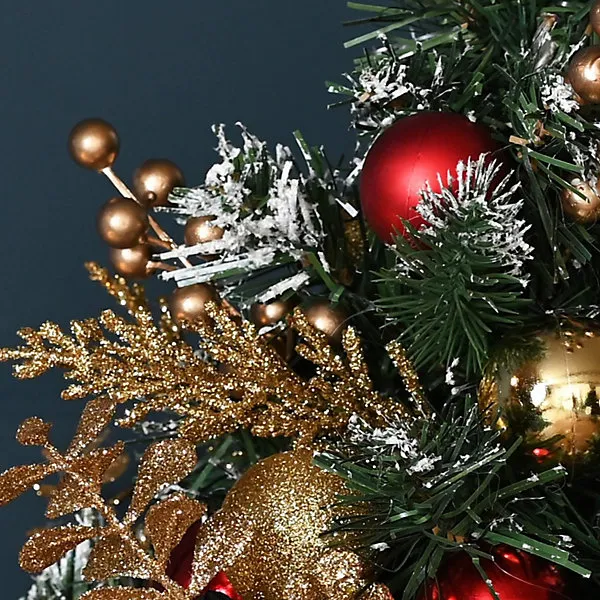 Mini 41cm Artificial Christmas Tree. Red, Gold & Green decorated snowy  branches- 30 warm white LEDs.