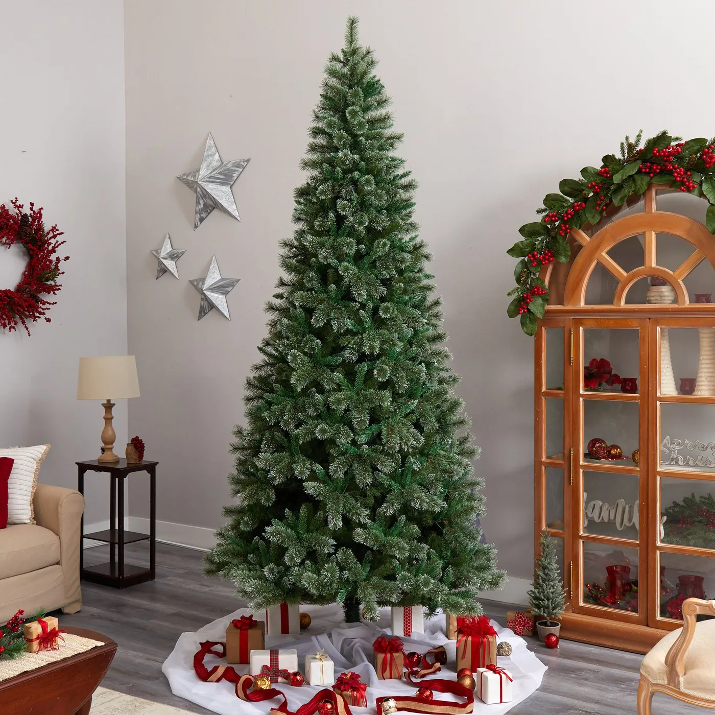 Nearly Natural 10ft. Wisconsin Slim Snow Tip Pine Artificial Christmas Tree with 1050 Clear LED Lights