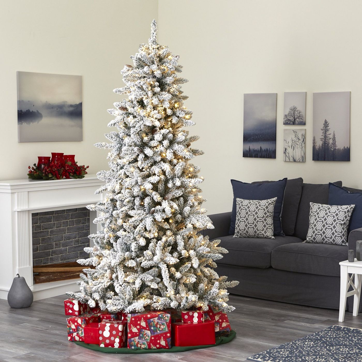 Nearly Natural 7.5-ft Flocked Livingston Fir Artificial Christmas Tree with Pine Cones and 500 Clear Warm LED Lights