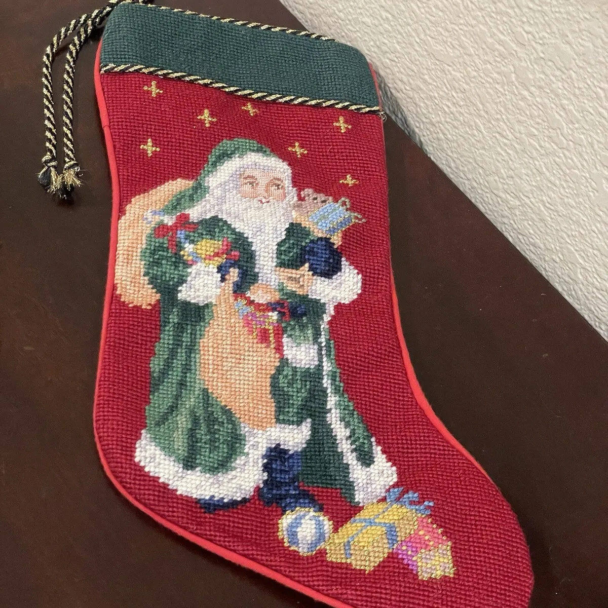 Needlepoint 1990s Stocking Vintage Needlepoint Christmas Stocking Handmade  Penguin Sledding 17' Velvet