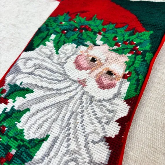 Needlepoint 1990s Stocking Vintage Needlepoint Christmas Stocking Handmade  Penguin Sledding 17' Velvet