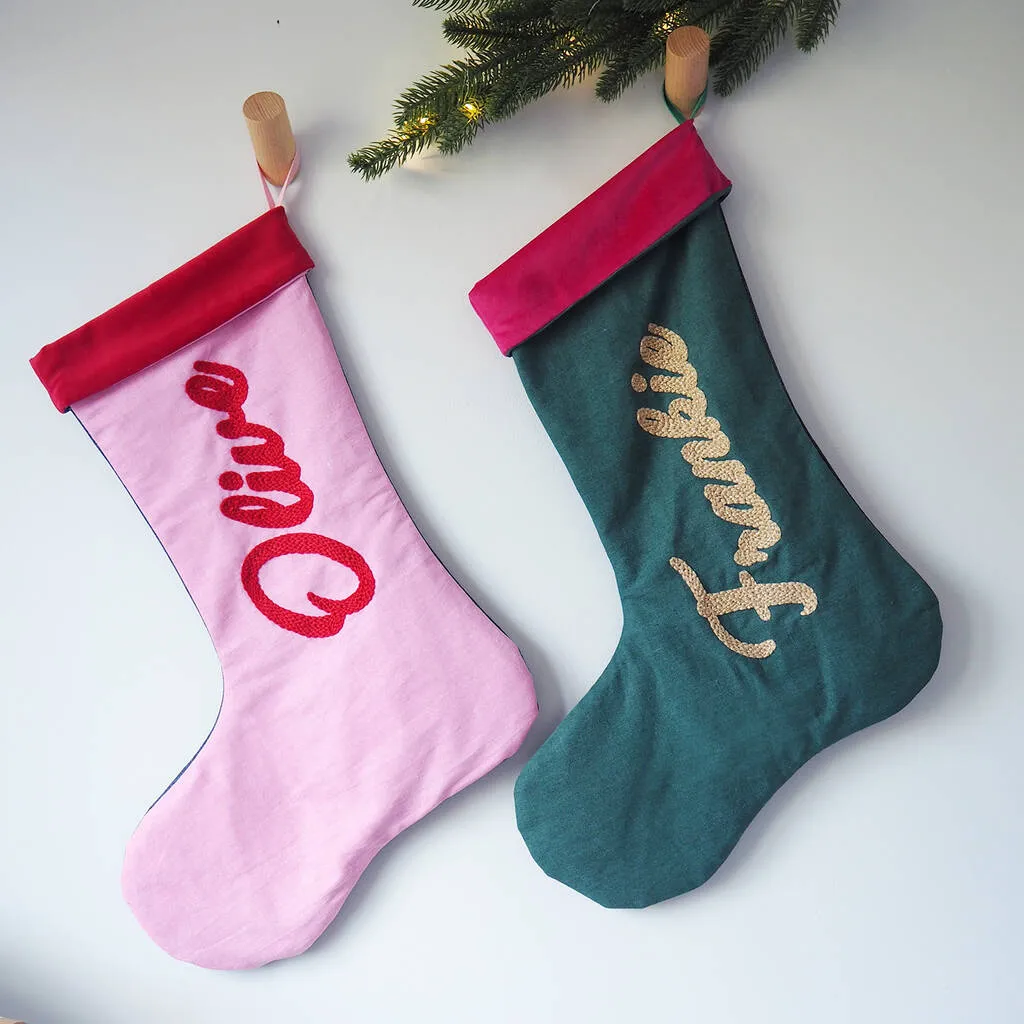 Personalised Cotton And Velvet Christmas Stocking By Brown Betty Blue