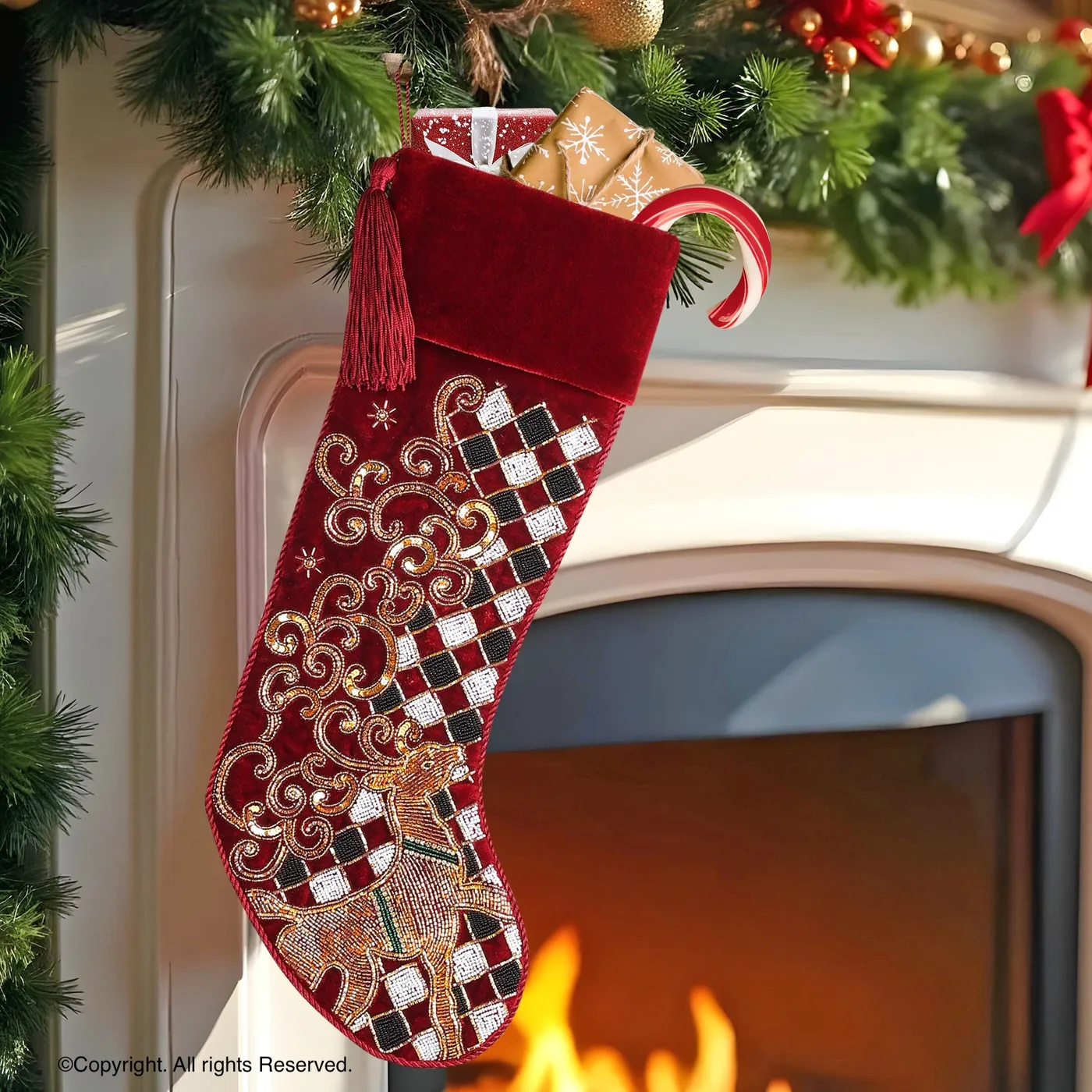 PERSONALISED REINDEER CHECK PARADE RED VELVET CHRISTMAS STOCKING