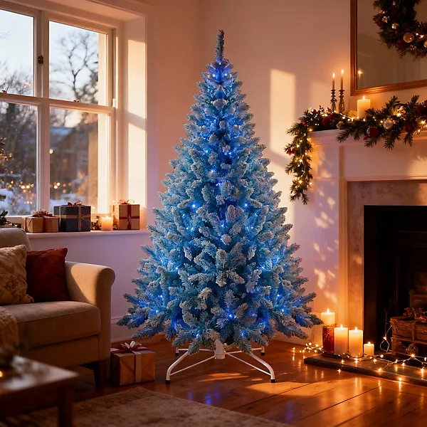 Pre-Lit Blue Flocked Christmas Tree - 308 Tips with 144 LED Lights, Snowy  Finish
