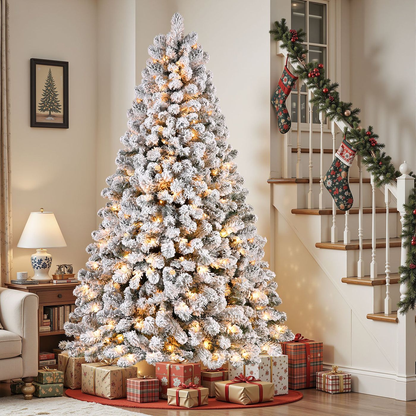 Pre-Lit White Flocked Spruce Christmas Tree with Warm White Lights | 4.5-9FT | SHareconn Warm White Lights / 7.5ft