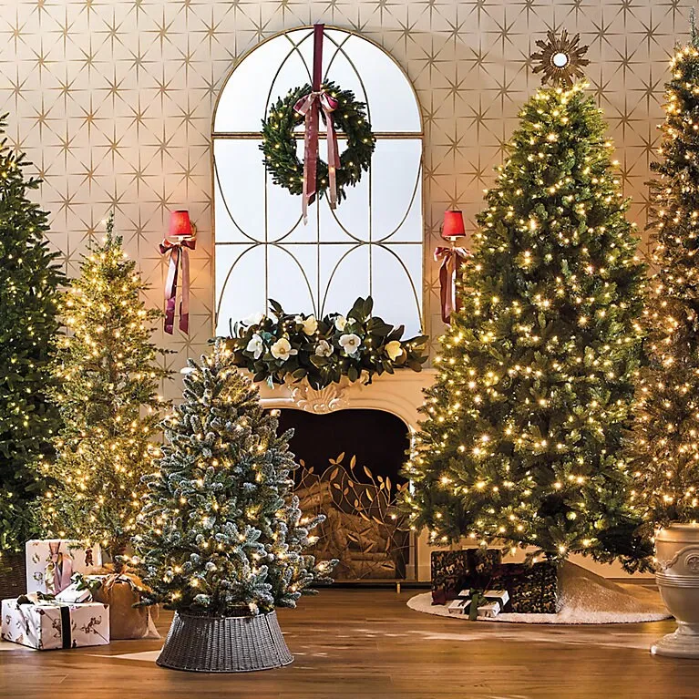 Prelit Flocked White Fir Tree & Handwoven Rattan Basket with 200 Lights