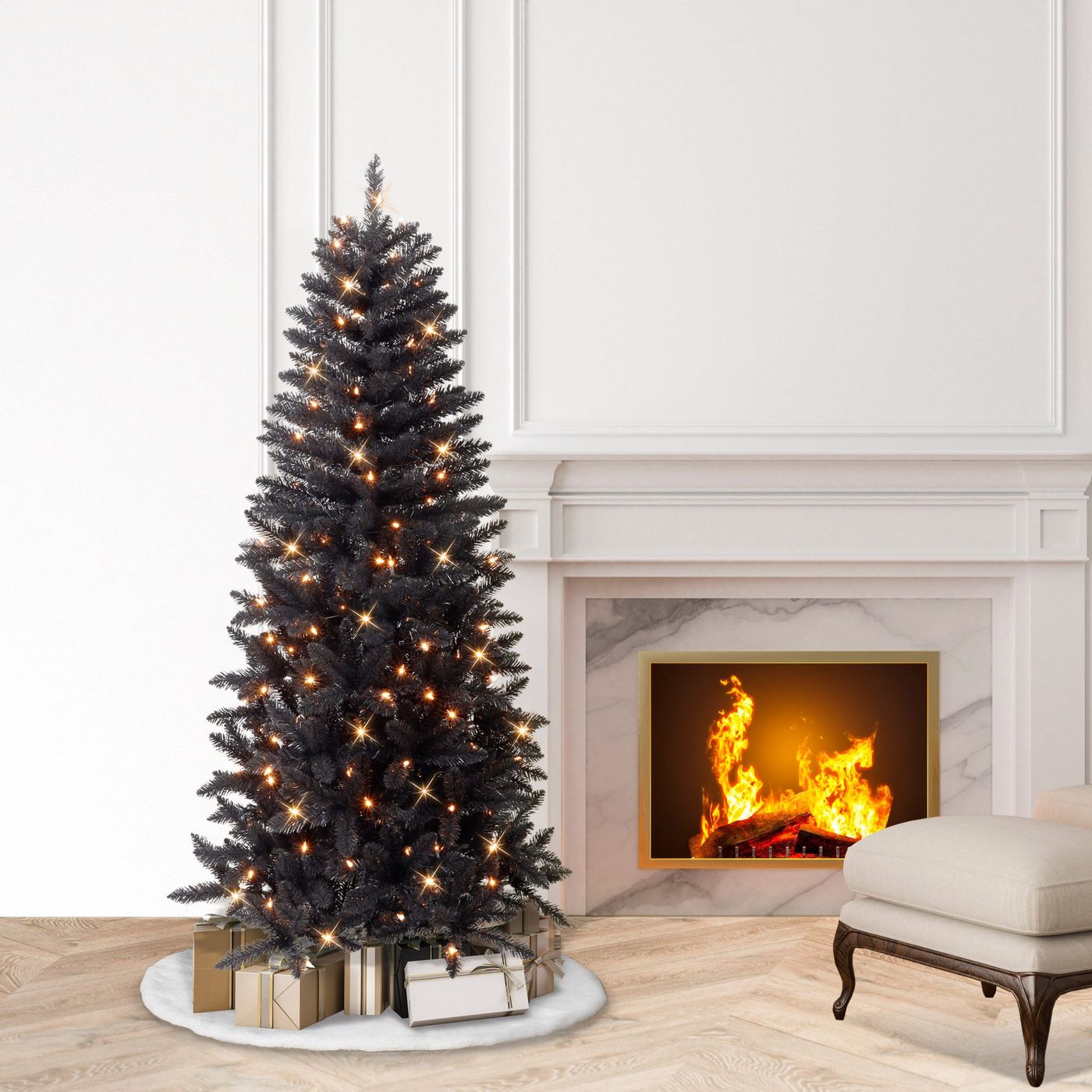 Puleo 6' Pre-lit Black Carson Pine Artificial Christmas Tree: PVC, Indoor, Includes Stand