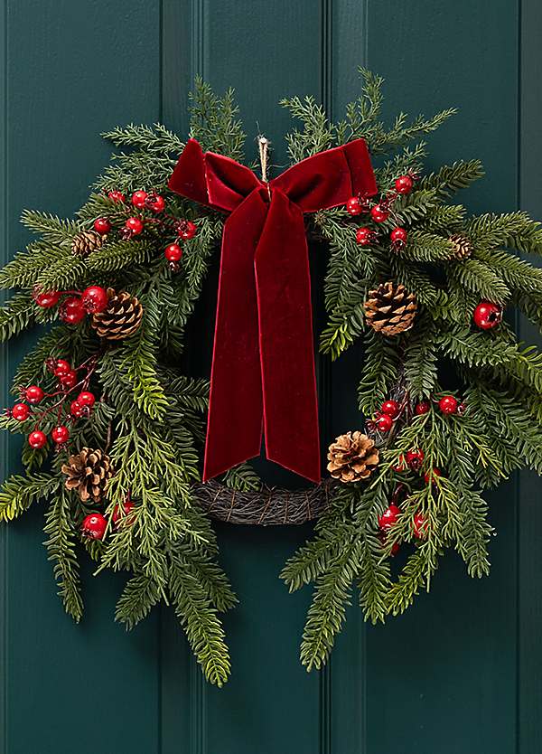Real Touch Half Wreath with Red Velvet Bow | Grattan